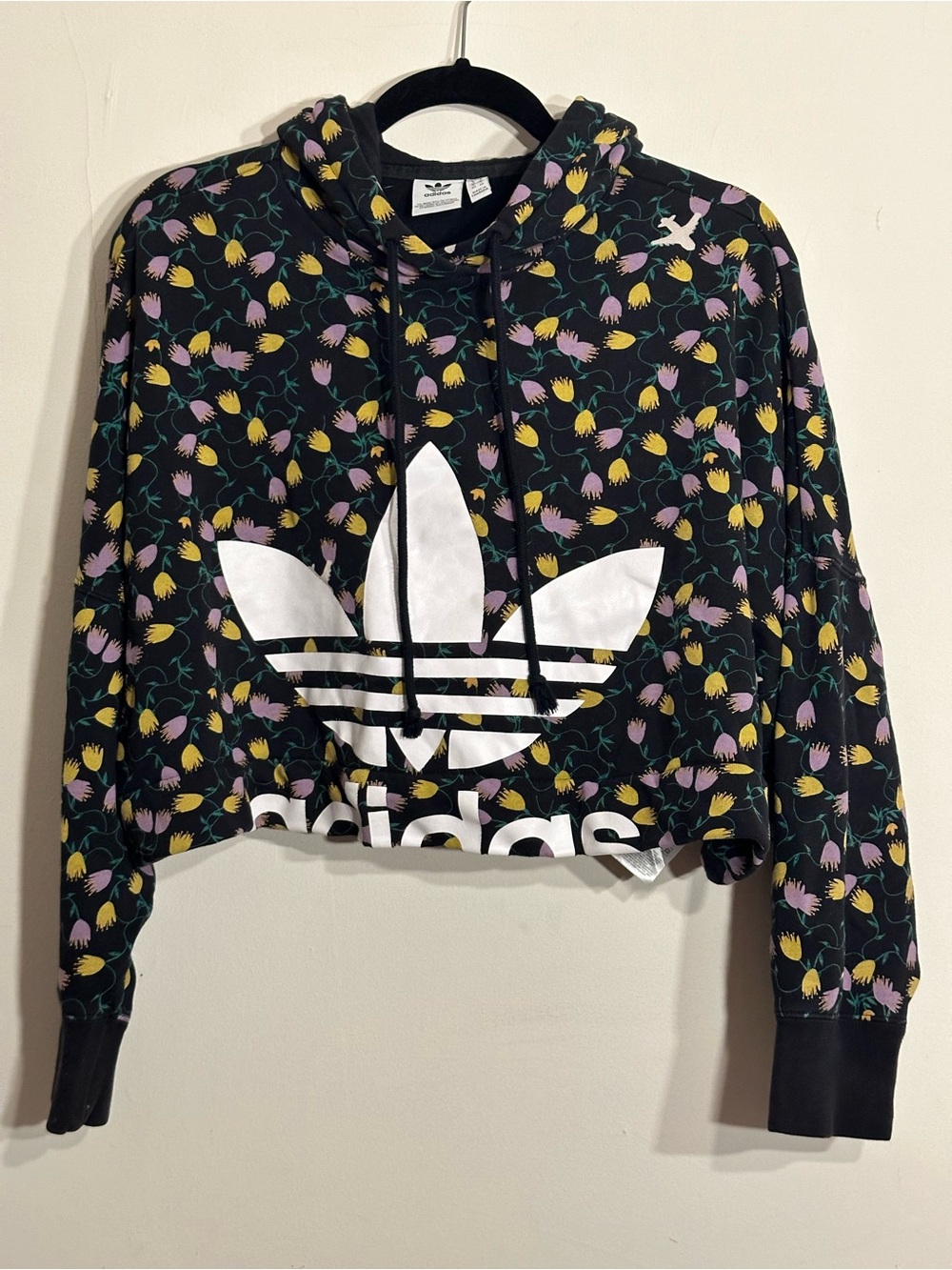 adidas Black Floral Trefoil Hoodie with Yellow & Lavender Blooms